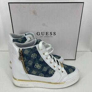 GUESS Sneakers Figz Logo Wedge Hi-Top White Denim Womens Size 8.5 M